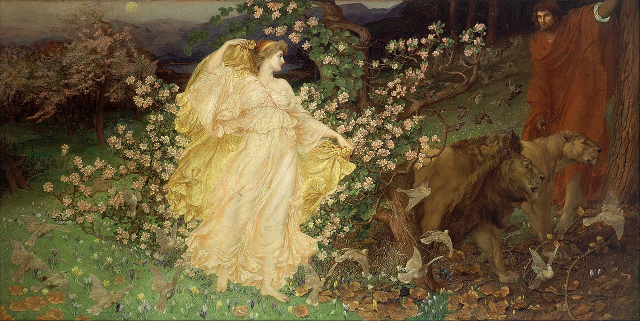Painting of goddess Venus as a fair lady in a yellow dress, surrounded by flowers. Lions and a man in the background.