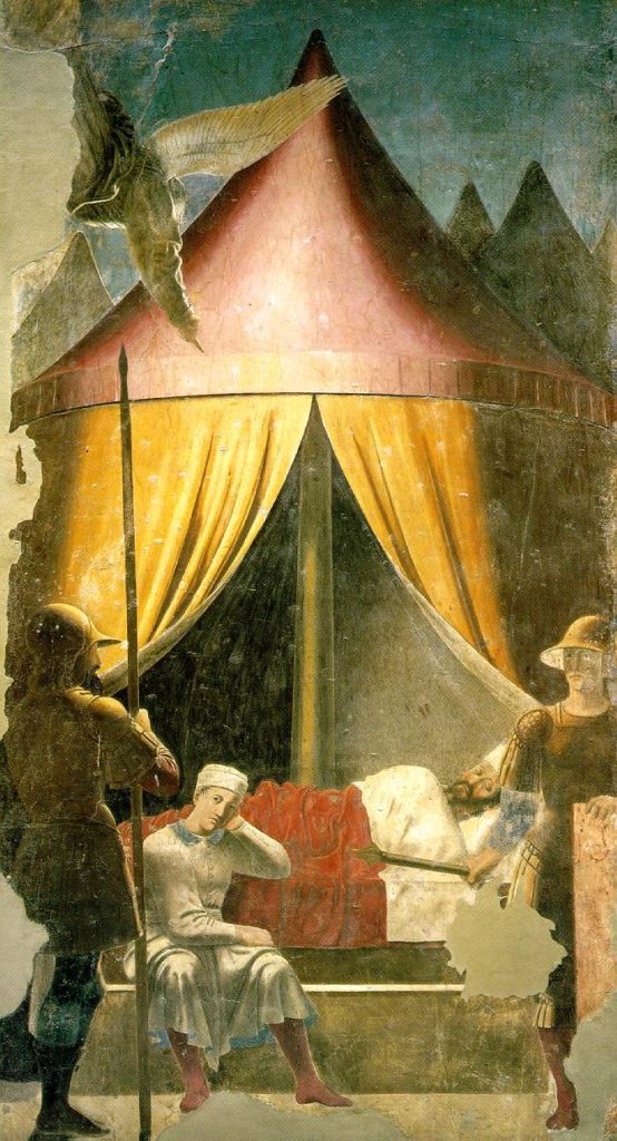 Painting of Constantine sleeping with guards around him. An angel is approaching him.