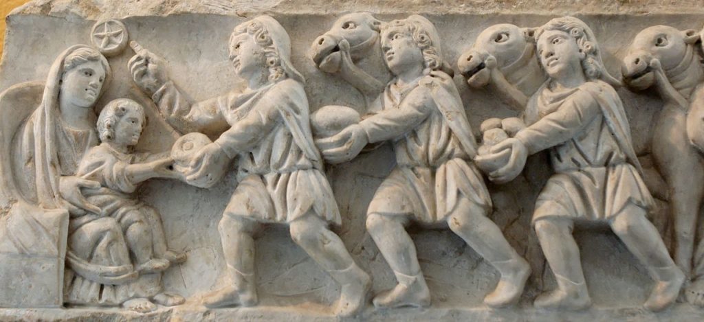 Panel from a Roman sarcophagus, 4th century CE showing three (3) wise men giving 3 gifts to Jesus