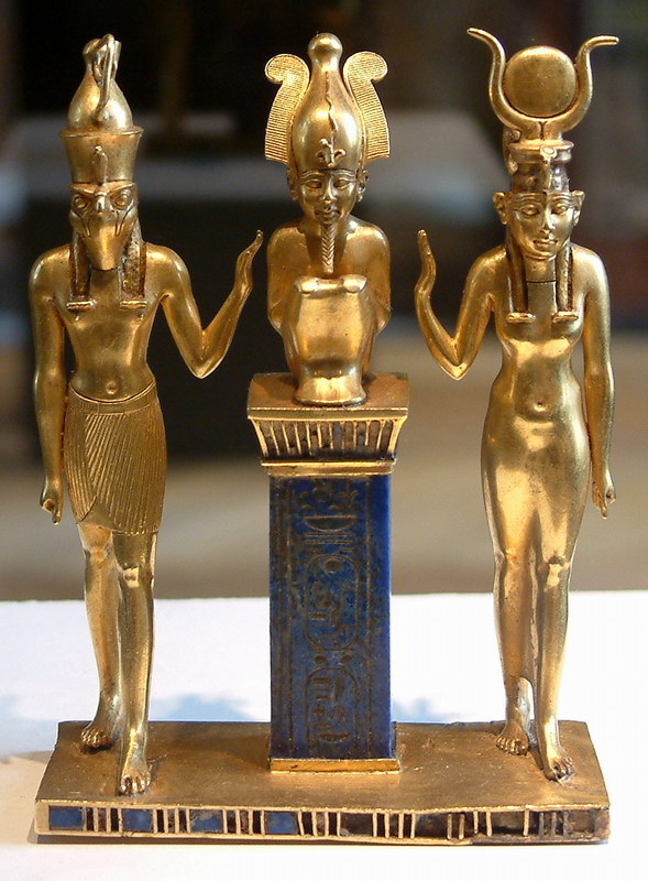 golden figurine of triad (group of 3) Horus, Osiris and Isis 