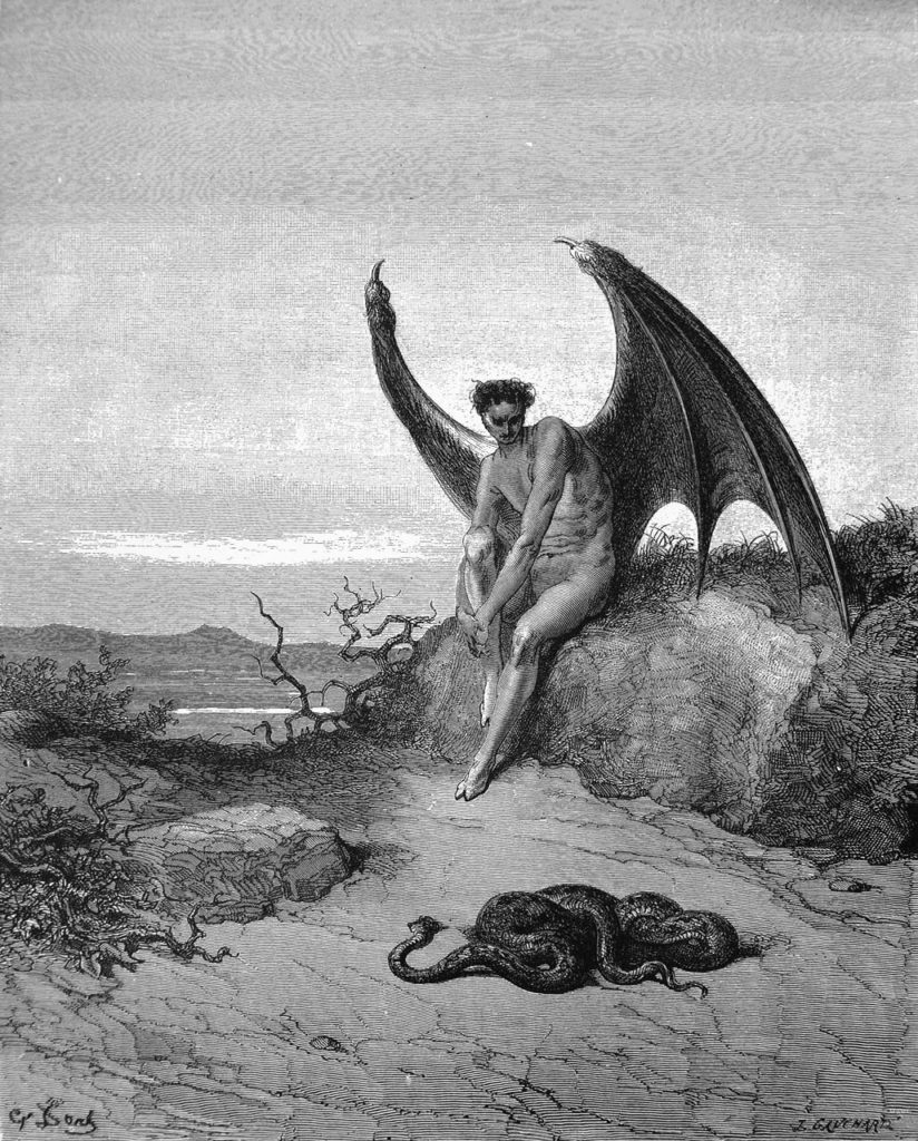 Drawing of Lucifer the fallen angel, depicted by John Milton's Paradise Lost; Lucifer is seen as the devil or satan