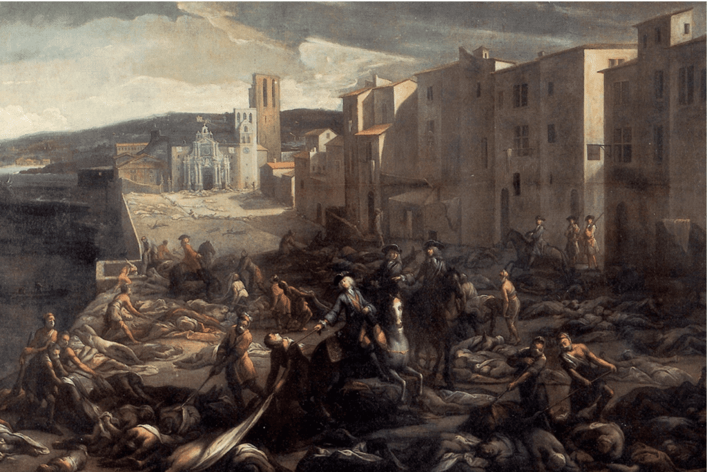 Dead people lying on the ground during Marseille pandemic of 1720. 
