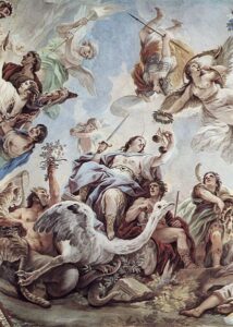 painting of Lady Justice and her scales, sword, ostrich, cornucopia, crown of wreath. She is standing on top of a masked man. 