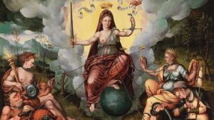 Lady Justice holding a scale, sword, wearing a crown and on top of a sphere