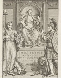 Illustration of blindfolded goddess Justitia sitting on her throne and holding a sword in one hand and a balance in another. Other surrounding symbols are the lion and the cornucopia. 