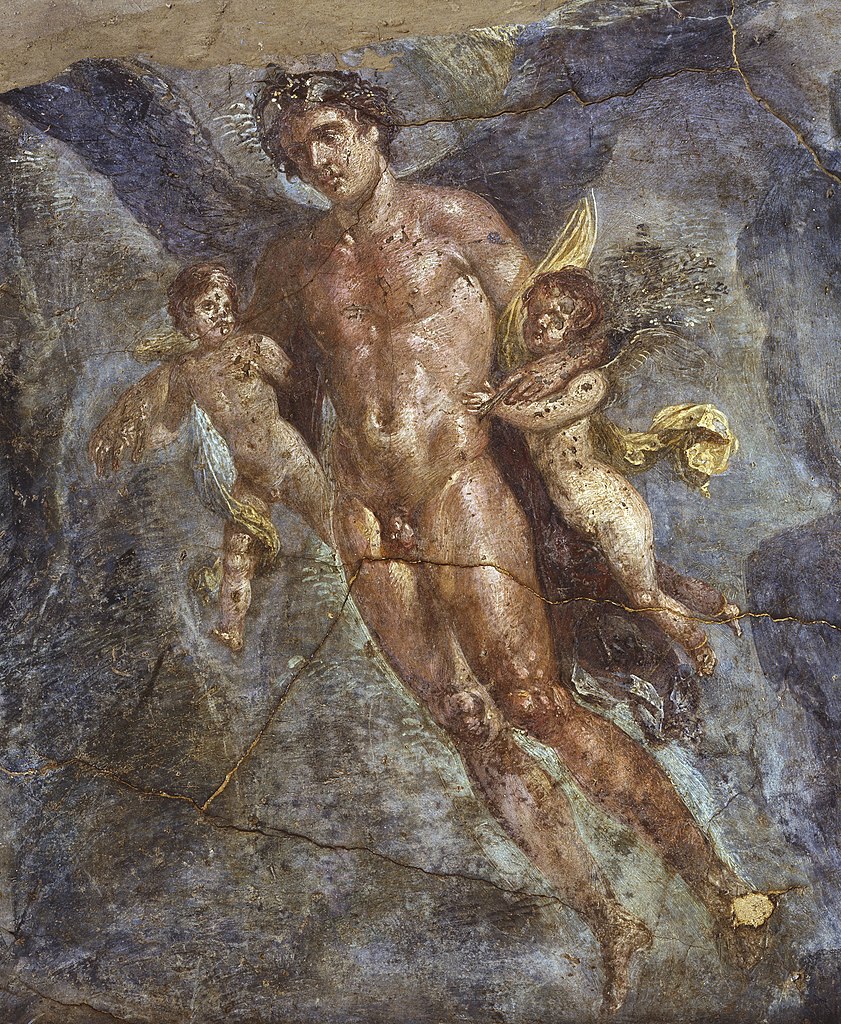 Naked man with wings carrying two children