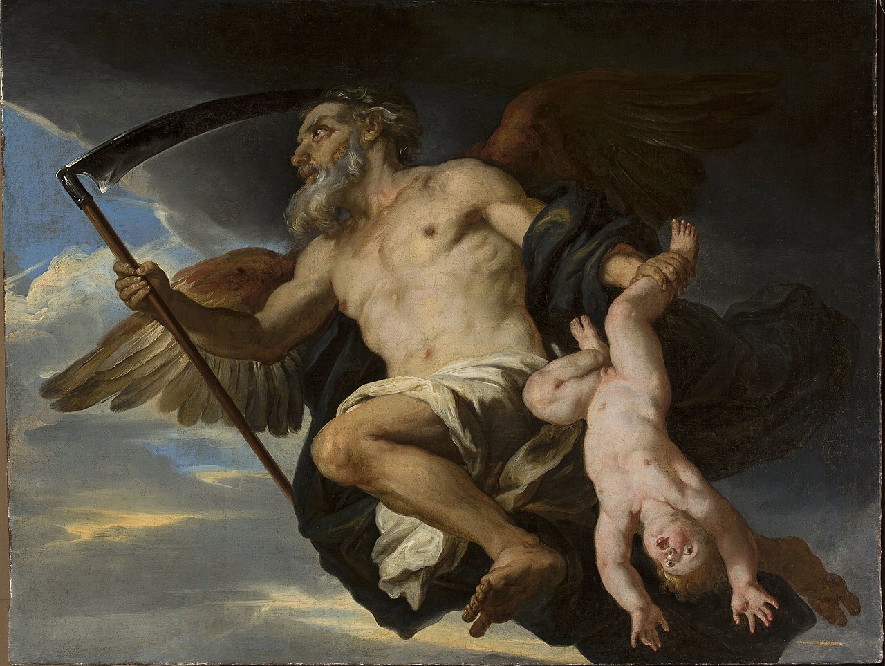 Old man with wings flying in the sky while holding a sickle in one hand, and a baby boy by the ankle in the other hand 