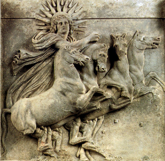 Relief on stone showing a man with a crown of sun rays, riding 4 horses in the sky