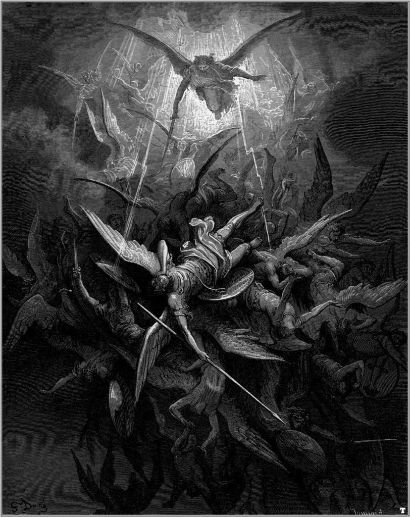 Image of many winged angels battling. The ones on top are winning. Many angels fall at the bottom
