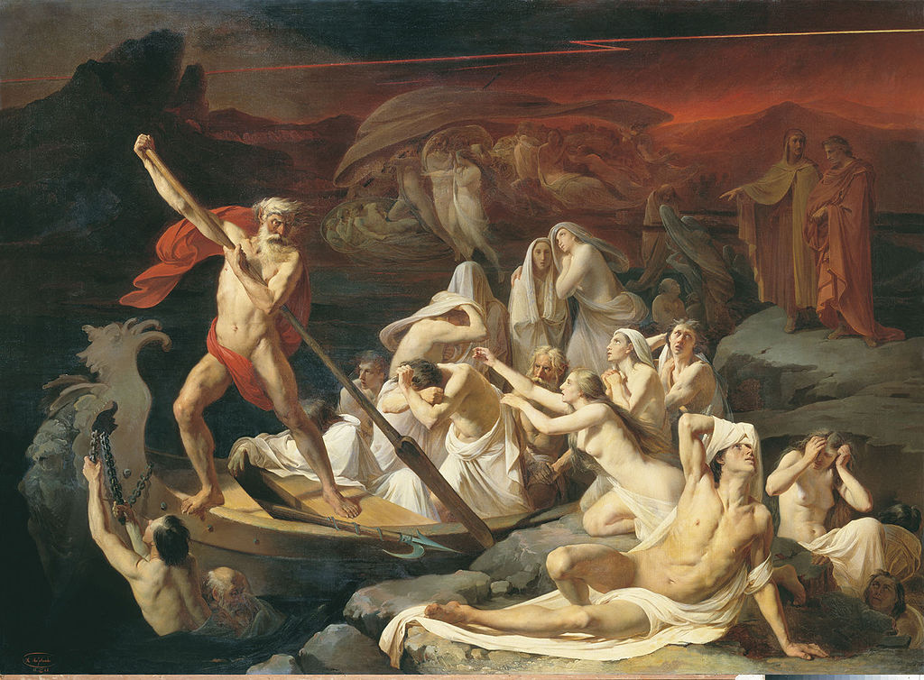 Painting of naked figures on a boat led by an old man with a red cloth. They are on dark waters in an underworld-like environment.