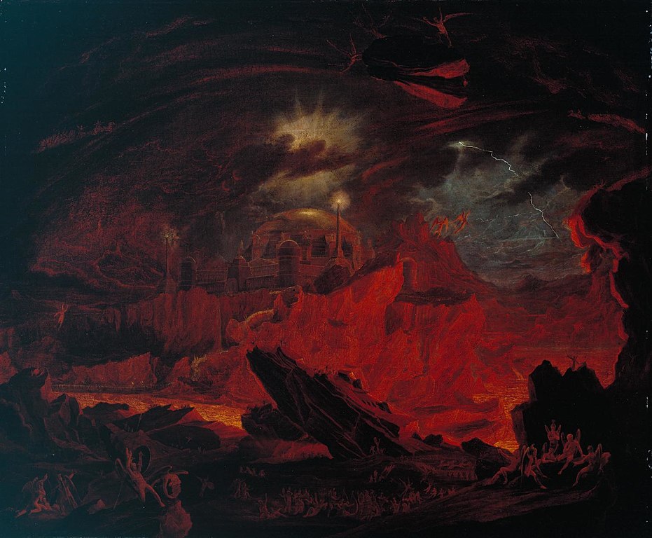 Painting of dark ground with an opening where there seems to be fire. The painting is mainly coloured in red and black to illustrate hell.