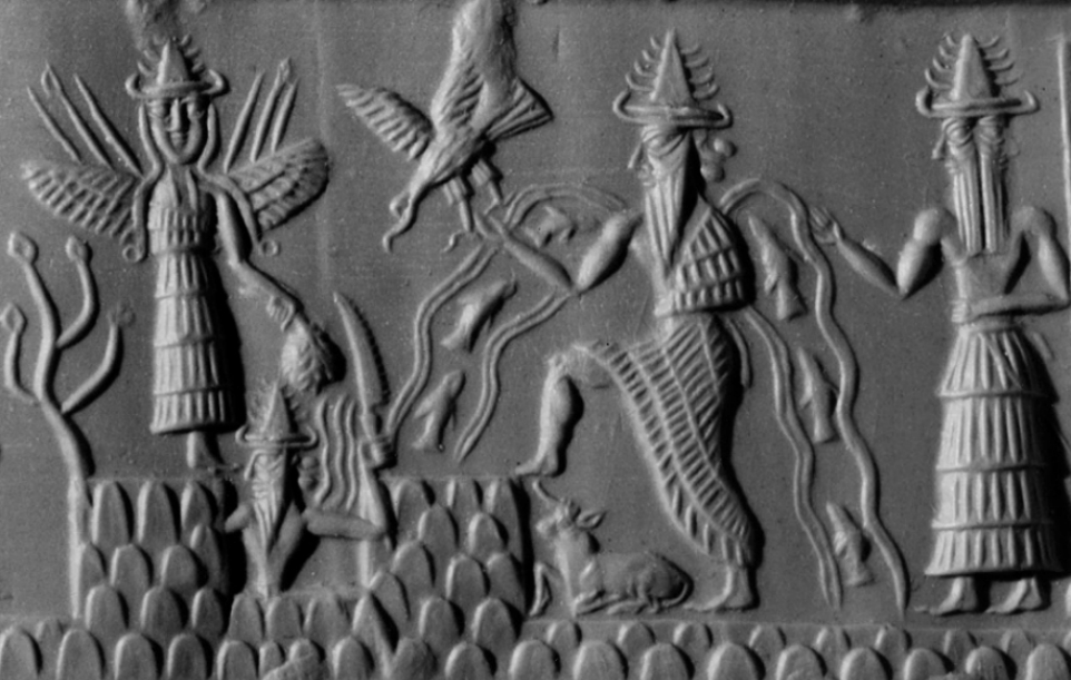 Image on seal is of 4 cartoon-ish looking figures with cone hats and multiple horns coming out of it. One of the figures (gods) has wings. Another has fish flowing into it.