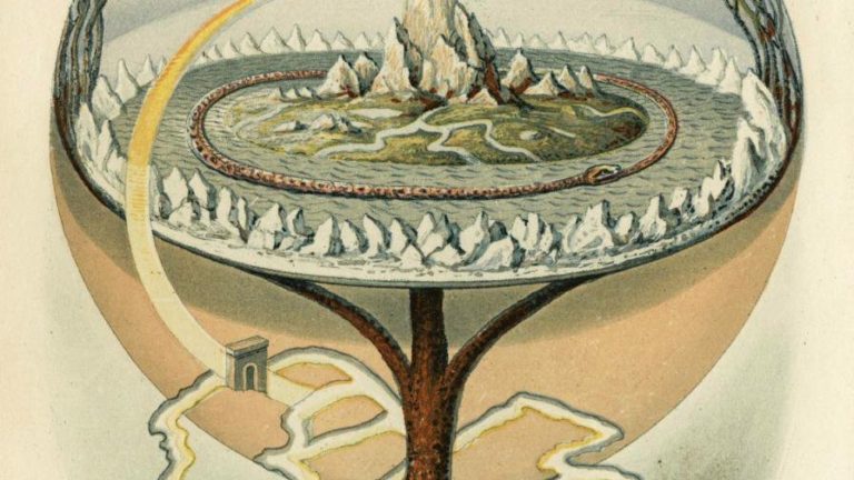 Norse underworld illustrated by a tree in a globe beneath which there is a large tree trunk and its roots