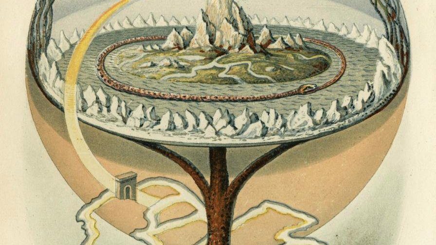Norse underworld illustrated by a tree in a globe beneath which there is a large tree trunk and its roots