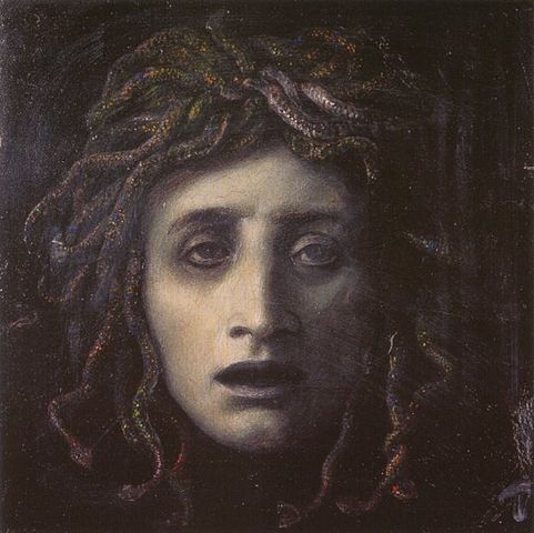 painting of a pale woman's head with snake hair