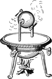 illustration of an automaton built by a famous ancient greek engineer. The machinery contains a spinning ball over a large bowl of water heated by a fire underneath. 