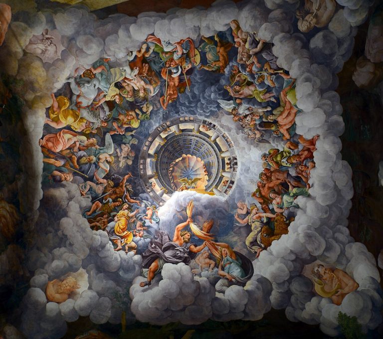 On a classical painting, many gods on circular clouds