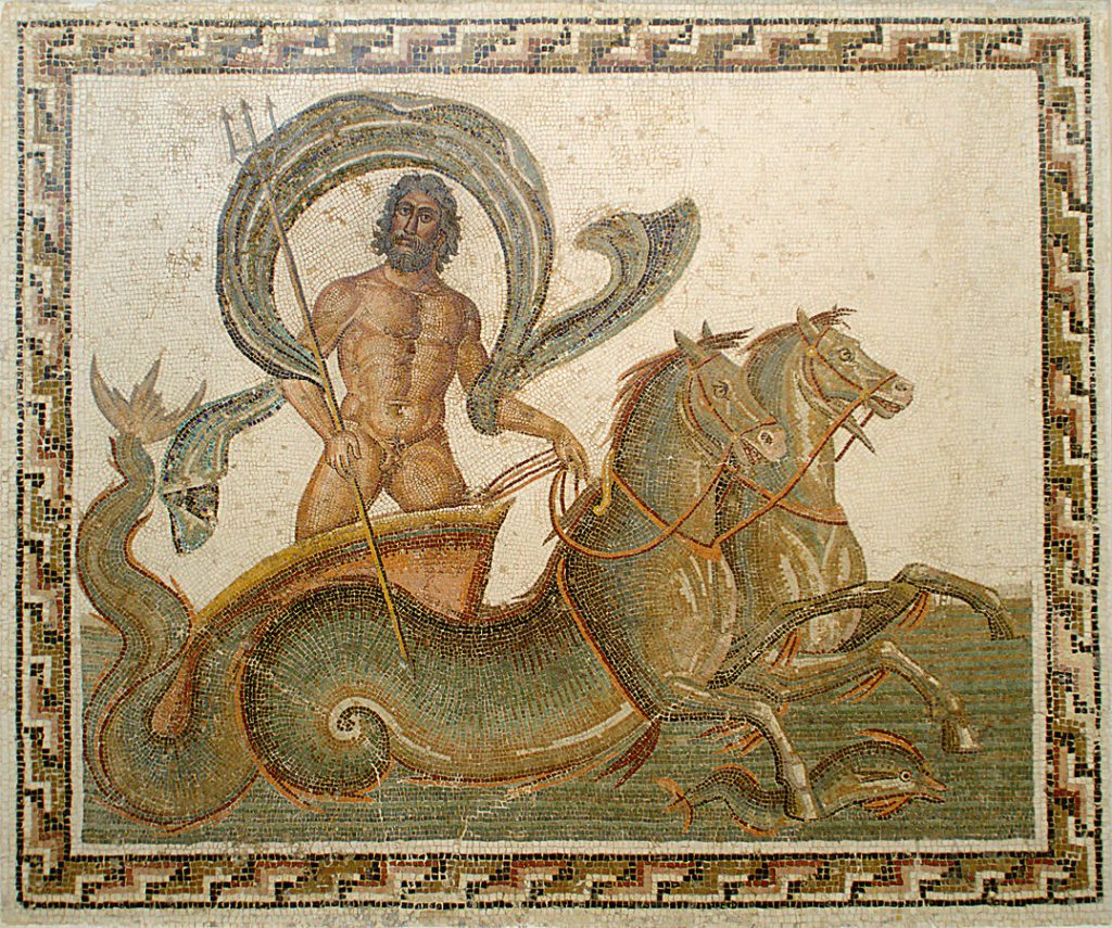 A mosaic of a man riding a horse.