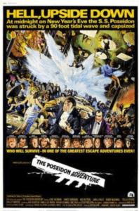 Poster for the movie entitled: The Poseidon Adventure. Illustration of a huge wave destroying a ship and people running and panicking.