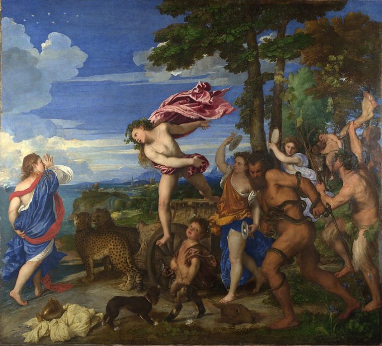 "Titian's Bacchus and Ariadne, a 1520 painting that depicts Bacchus (Dionysus) leaping from his chariot, drawn by cheetahs, to save the abandoned Ariadne. Ariadne is shown turning toward Bacchus in surprise, while a procession of followers, including satyrs, accompany Bacchus in celebration."