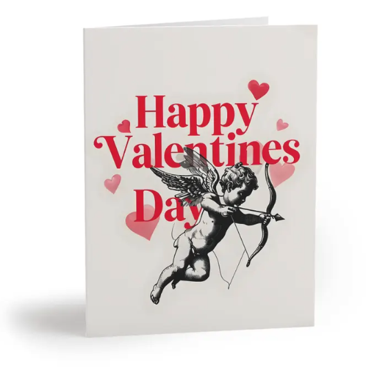 A 'Happy Valentines Day' card featuring a winged cupid pointing an arrow