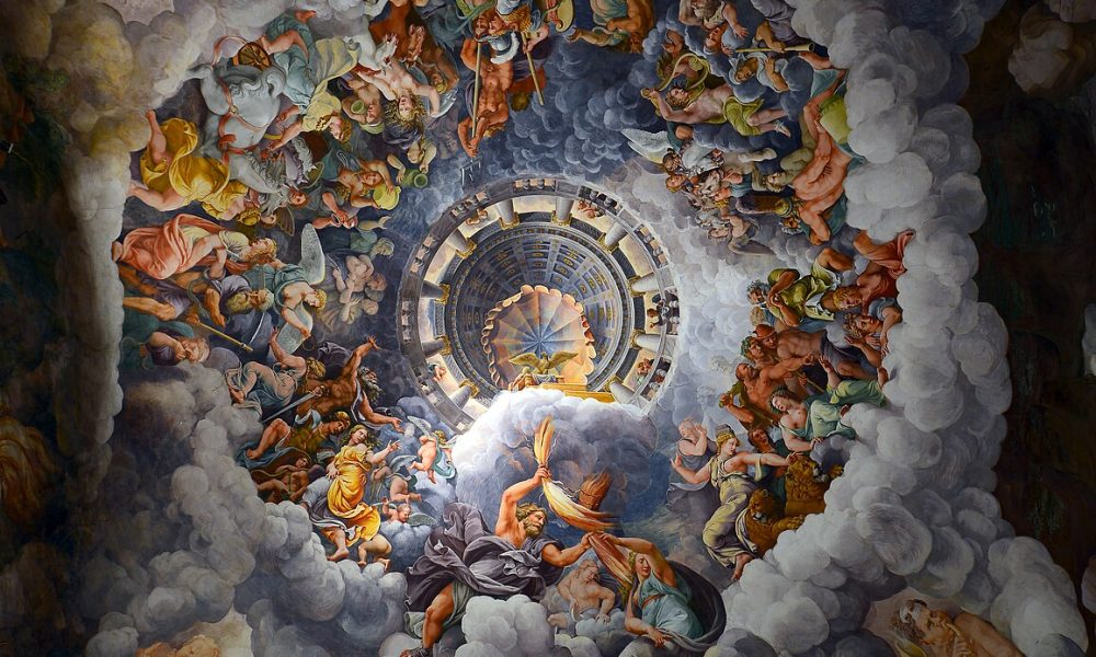 On a classical painting, many gods on circular clouds
