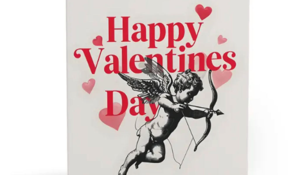 A 'Happy Valentines Day' card featuring a winged cupid pointing an arrow