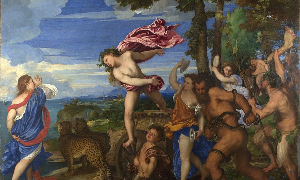 "Titian's Bacchus and Ariadne, a 1520 painting that depicts Bacchus (Dionysus) leaping from his chariot, drawn by cheetahs, to save the abandoned Ariadne. Ariadne is shown turning toward Bacchus in surprise, while a procession of followers, including satyrs, accompany Bacchus in celebration."