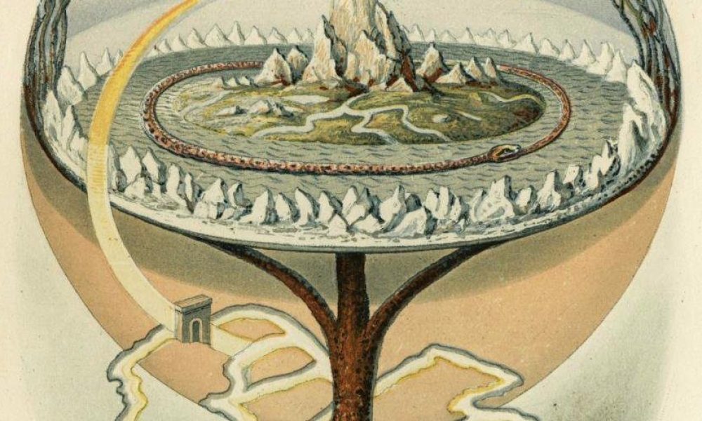 Norse underworld illustrated by a tree in a globe beneath which there is a large tree trunk and its roots